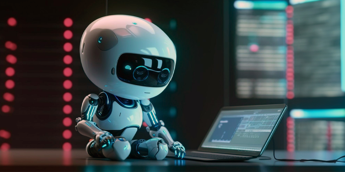 A small humanoid robot with a glossy white exterior at a laptop.