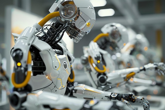 Several humanoid robots with intricate designs working on tasks.