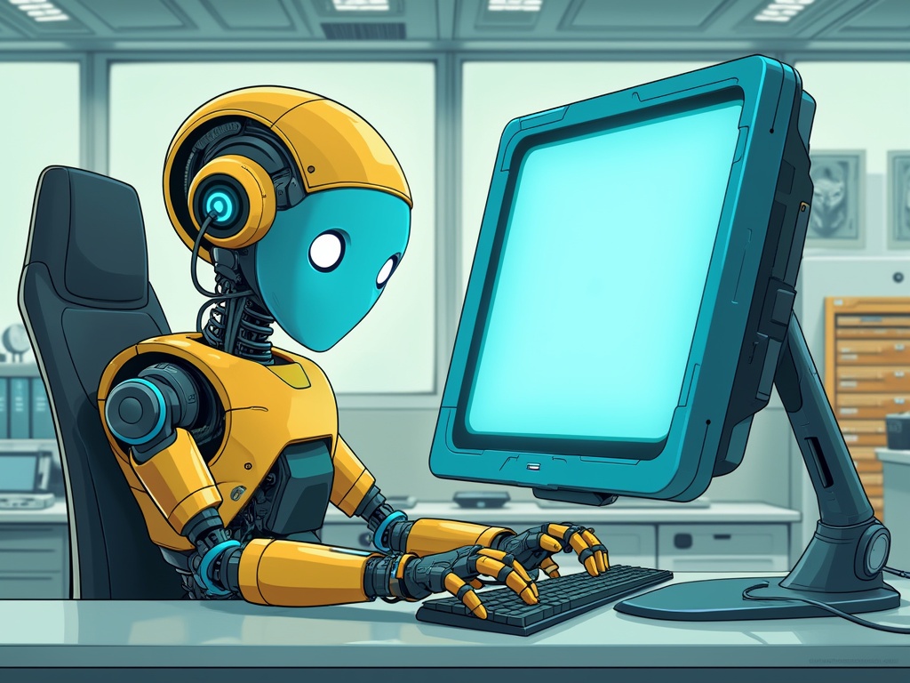 A humanoid robot with blue and yellow design working at a desk.