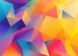 Colorful geometric abstract background with vibrant triangular shapes in shades of blue, pink, yellow, and orange, perfect for design projects.