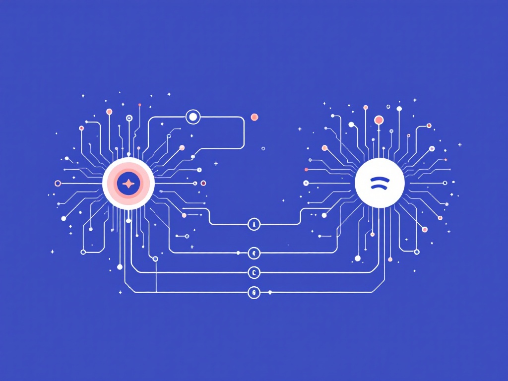 Stylized illustration of two interconnected circuits representing advanced AI language models Grok and ChatGPT.