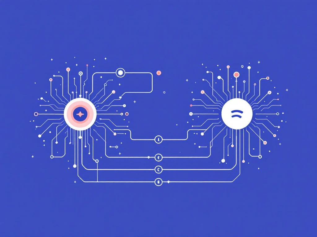 Stylized illustration of two interconnected circuits representing advanced AI language models Grok and ChatGPT.