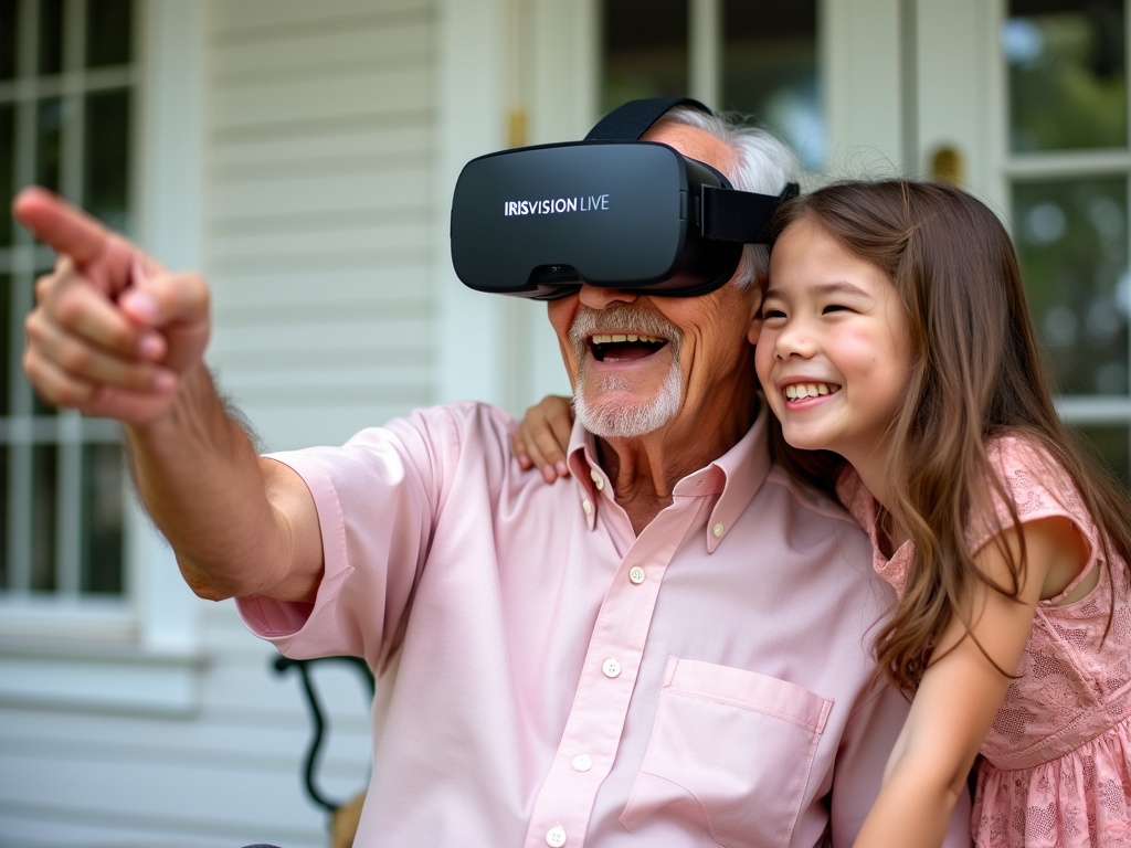 A young girl and an elderly man share excitement with VR.