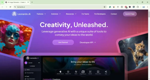 A vibrant website showcasing Leonardo.AI's generative tools.