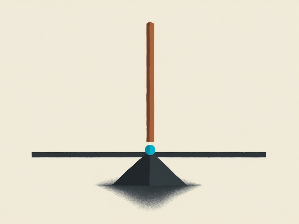 A vertical brown stick balanced on a pivot with a blue circle.