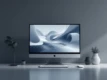 A clean, minimalist desktop workspace with a computer monitor displaying an abstract, futuristic visualization.