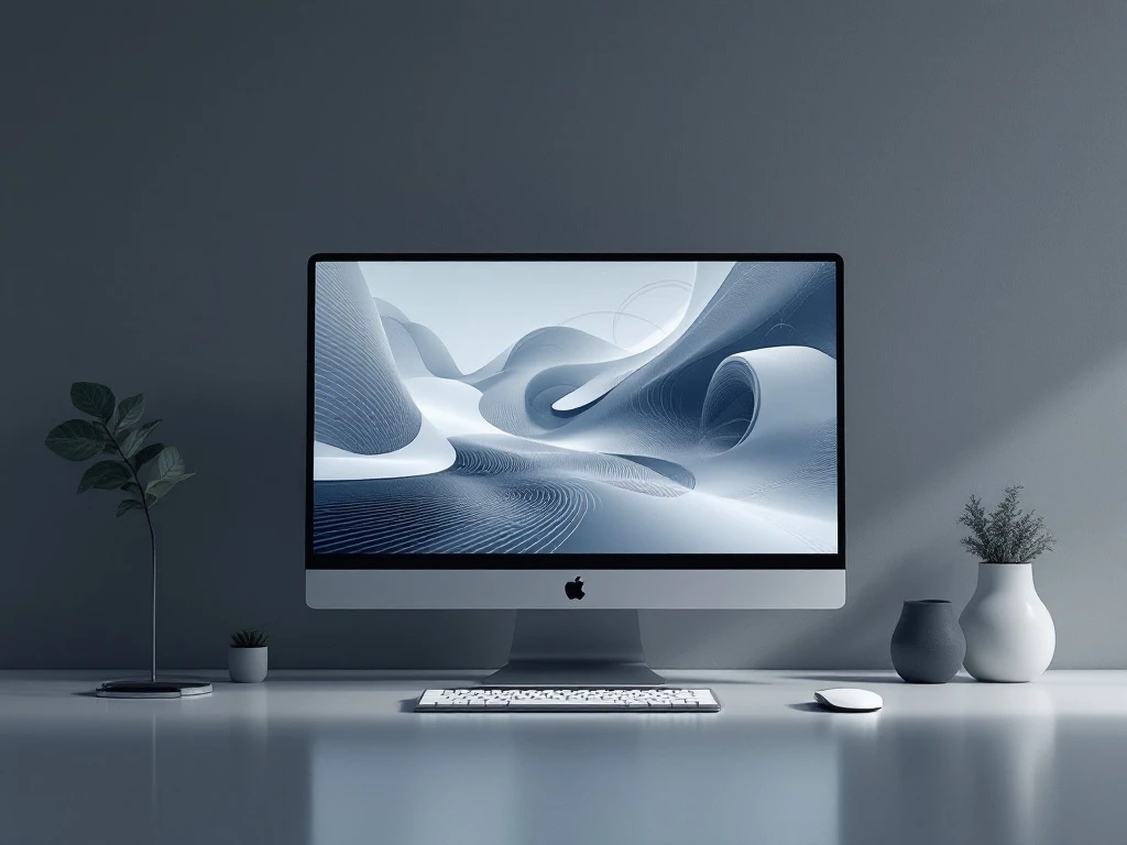 A clean, minimalist desktop workspace with a computer monitor displaying an abstract, futuristic visualization.