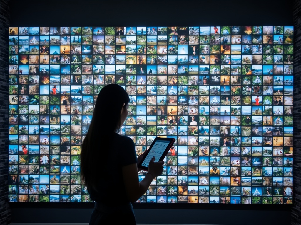 A person interacting with a digital tablet in front of a photo collage.