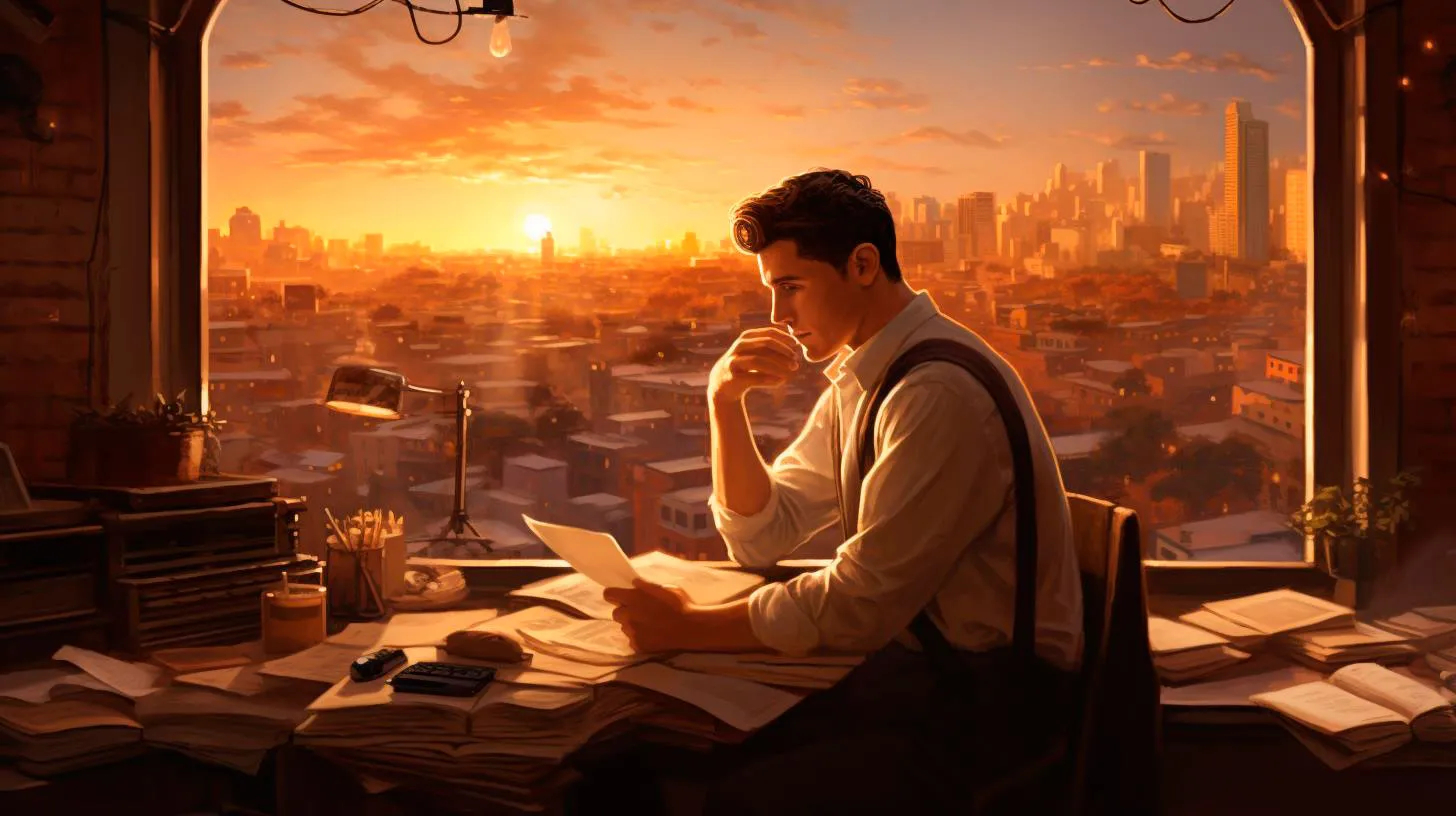 A person in formal attire contemplates papers with a sunset backdrop.