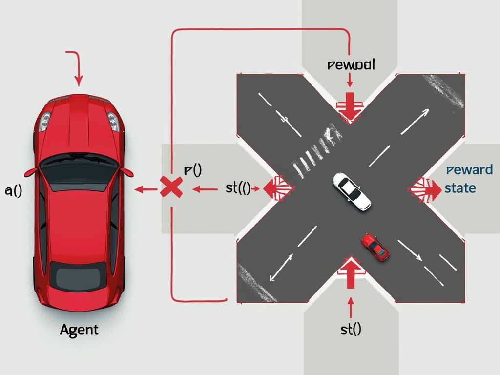 A diagram showing a red car as an agent interacting in reinforcement learning.