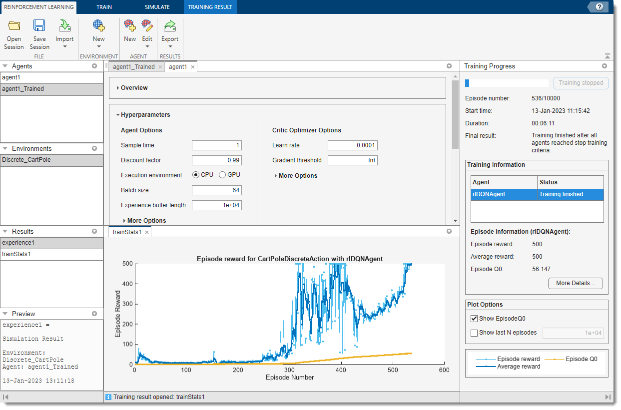 Reinforcement learning environment with training data visualizations