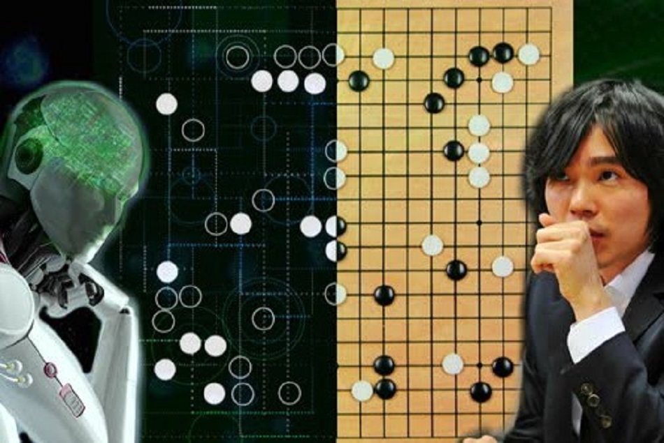 A robot and a human player analyzing a Go board with stones.