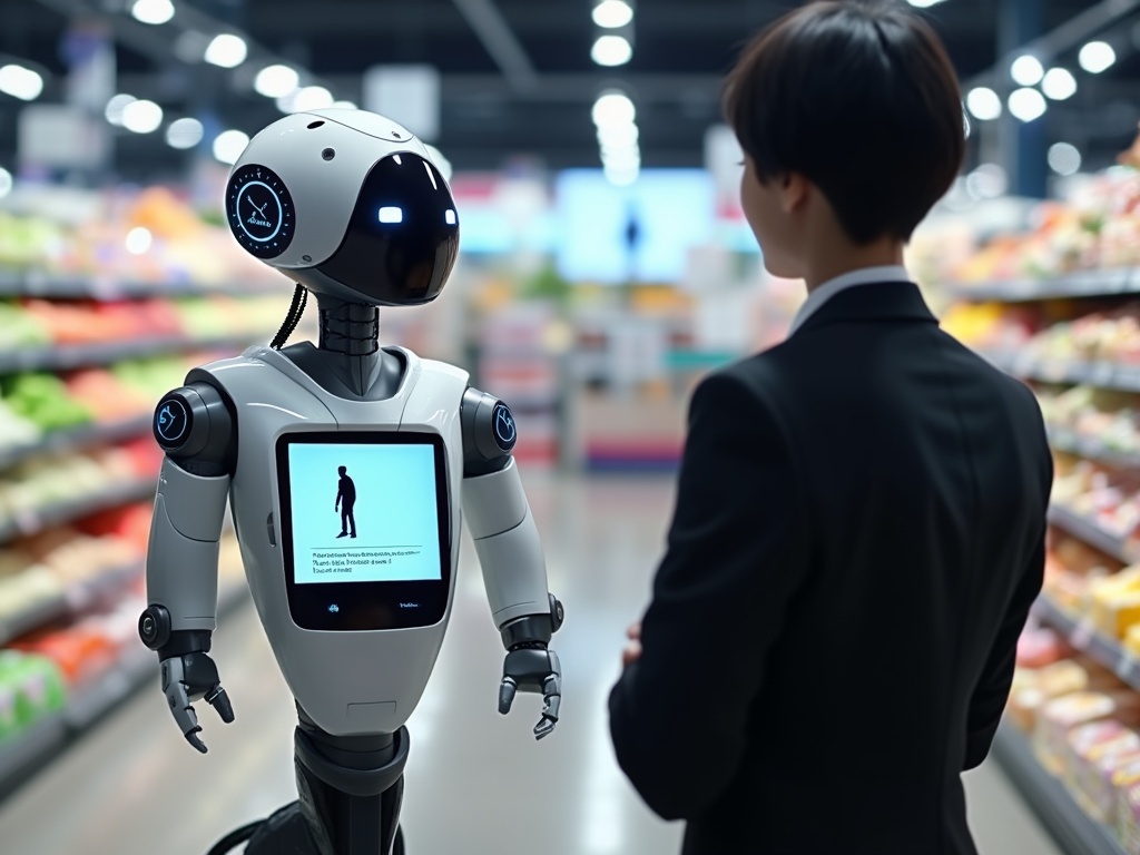 A person in a suit interacting with a humanoid robot in a supermarket.