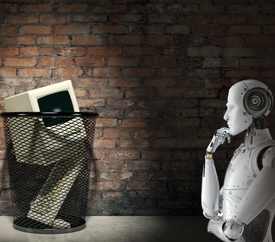 A robotic figure contemplating an old computer monitor in trash.