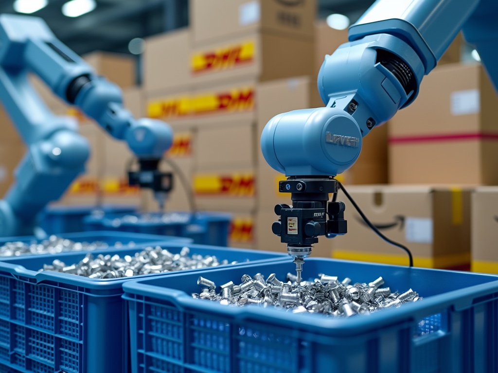 A robotic arm picking up metallic components from a blue bin.