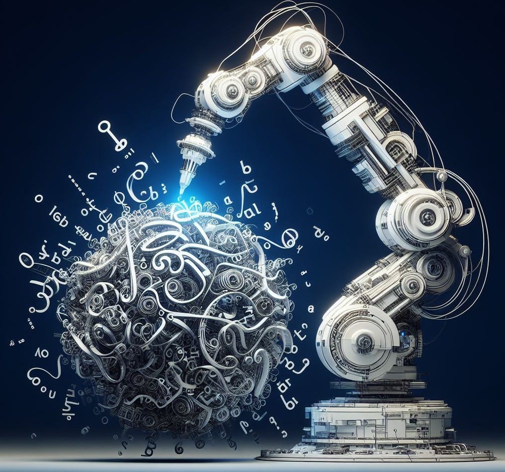 A robotic arm manipulating a globe of symbols and numbers.