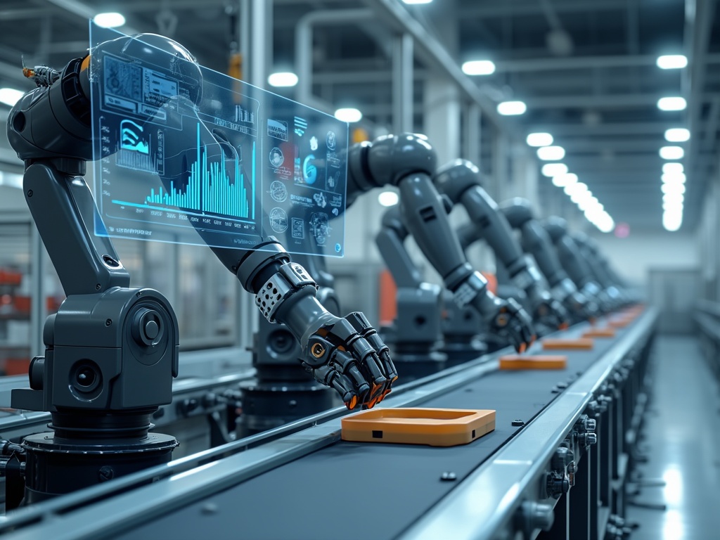 Robotic arms with sensors and screens on a production line.