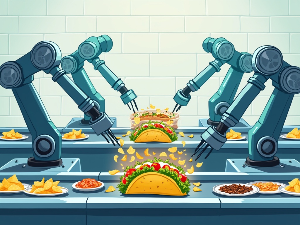 A series of robotic arms assembling tacos and nachos on a conveyor.