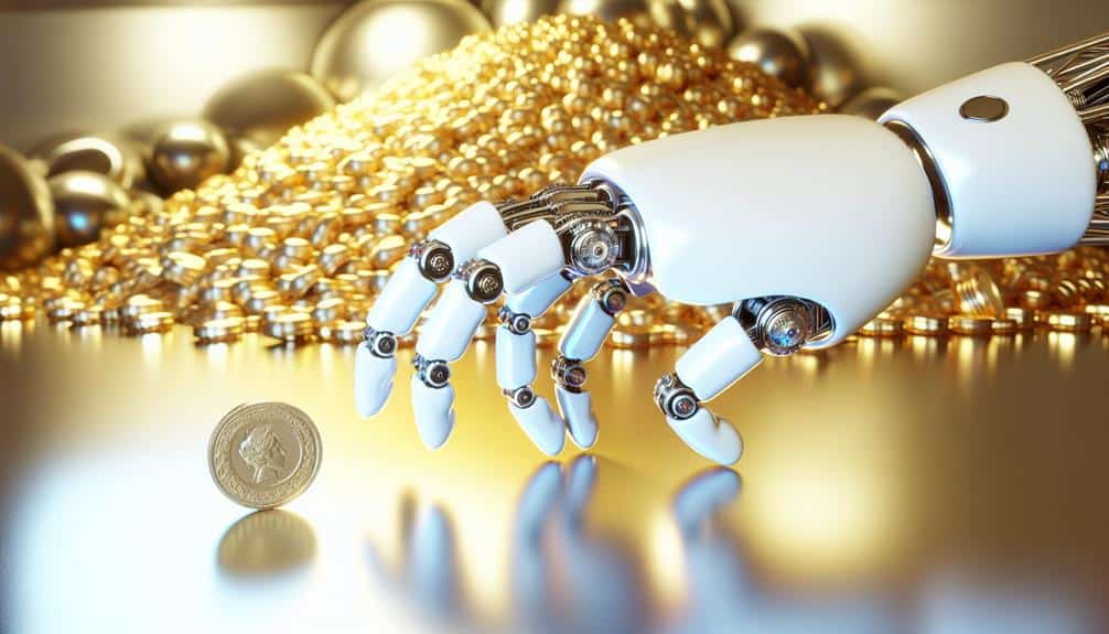 A robotic hand reaching for a coin among gold and silver piles.