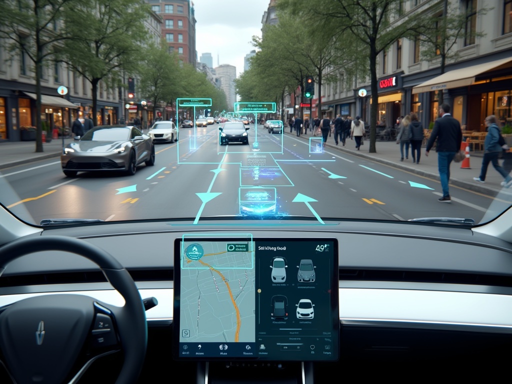 View of a self-driving car's dashboard with highlighted obstacles