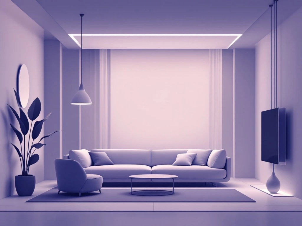 A minimalist modern illustration of a serene smart home interior, showcasing futuristic design elements and a harmonious blend of technology and comfort.