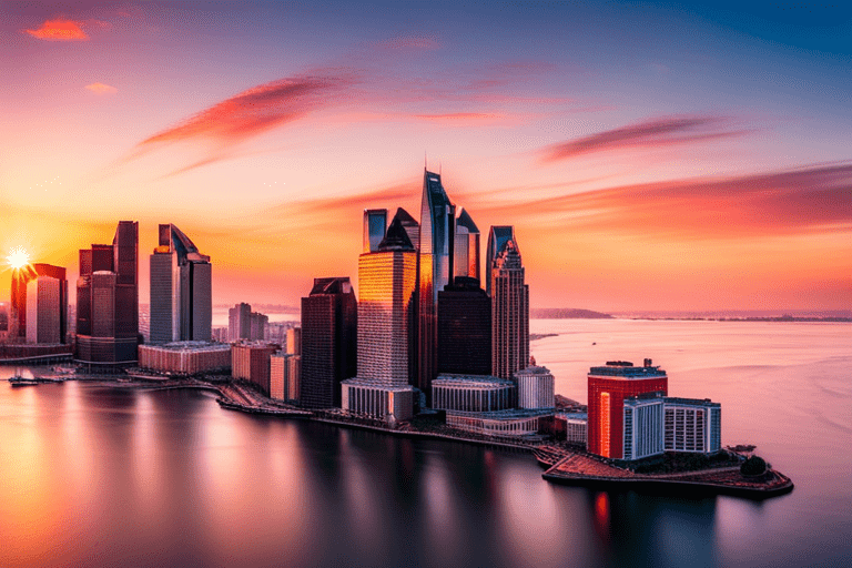 Skyline of modern skyscrapers at sunset over calm water.