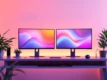 A sleek, minimalist desktop setup featuring futuristic-looking computer monitors with a soft ambient glow.