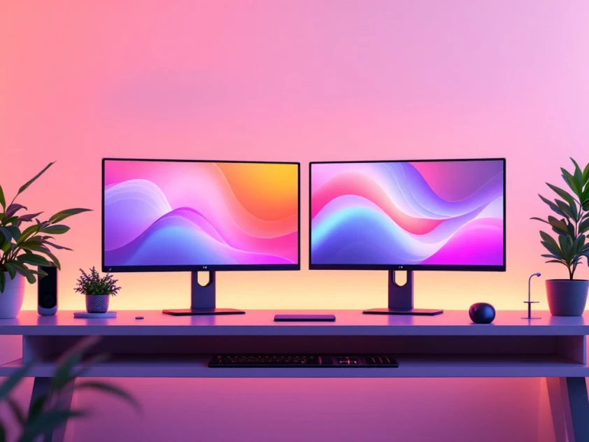 A sleek, minimalist desktop setup featuring futuristic-looking computer monitors with a soft ambient glow.
