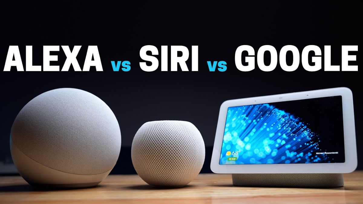 Three distinct voice-activated smart devices: Alexa, Siri, Google