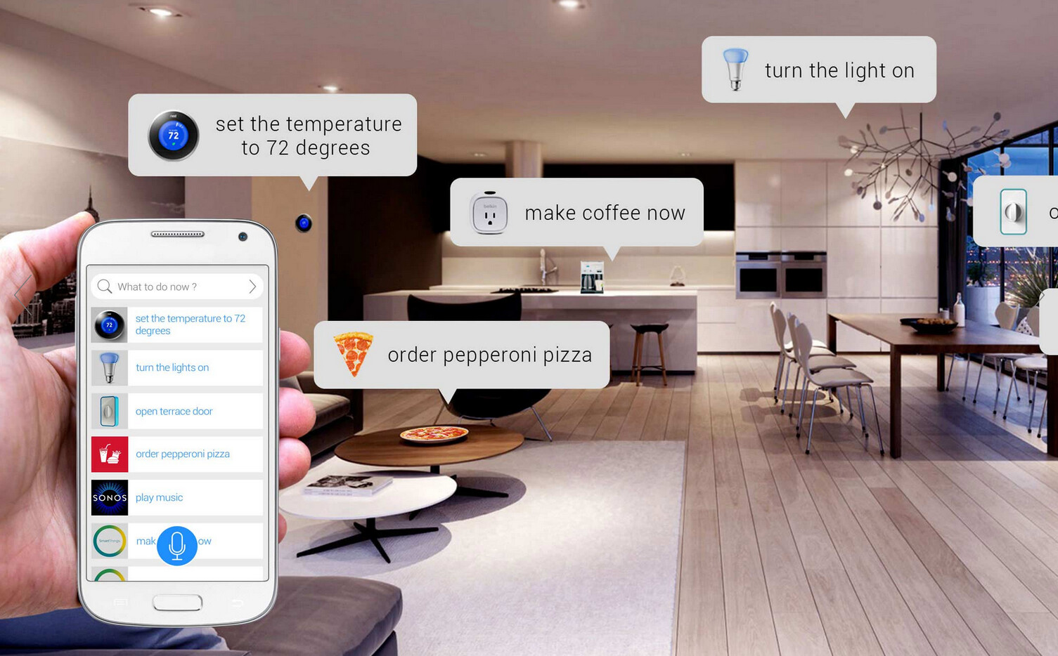 A person using a smartphone for smart home control in a kitchen.