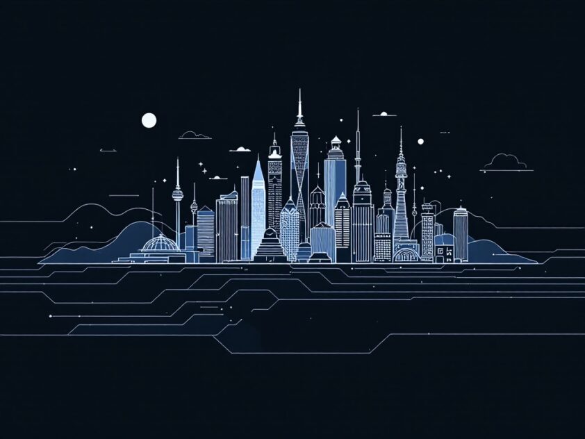 A sleek, minimalist image depicting a stylized digital cityscape with clean lines and muted colors.
