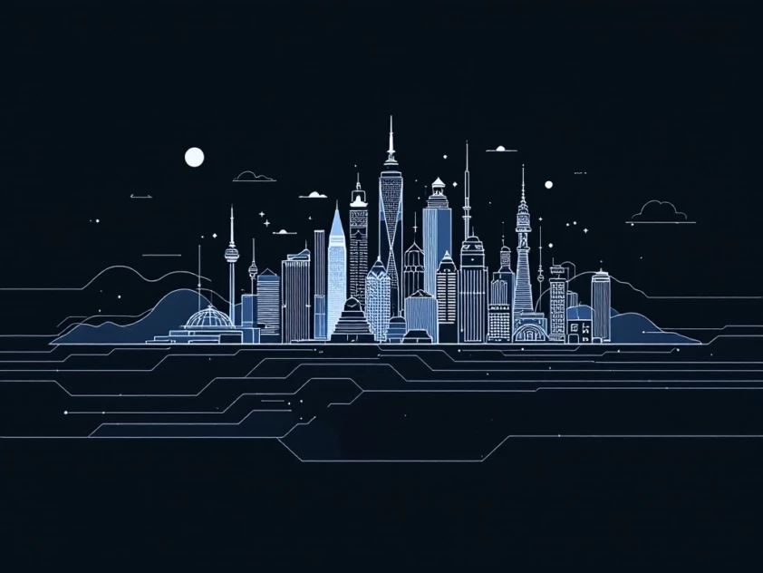 A sleek, minimalist image depicting a stylized digital cityscape with clean lines and muted colors.