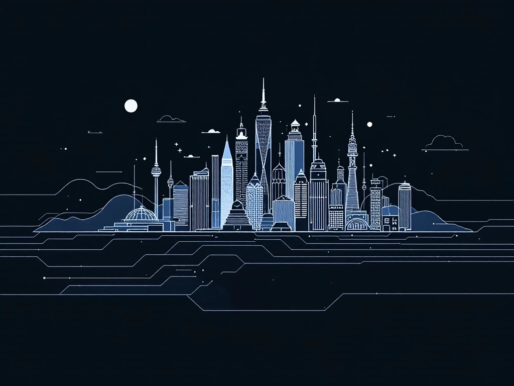 A sleek, minimalist image depicting a stylized digital cityscape with clean lines and muted colors.