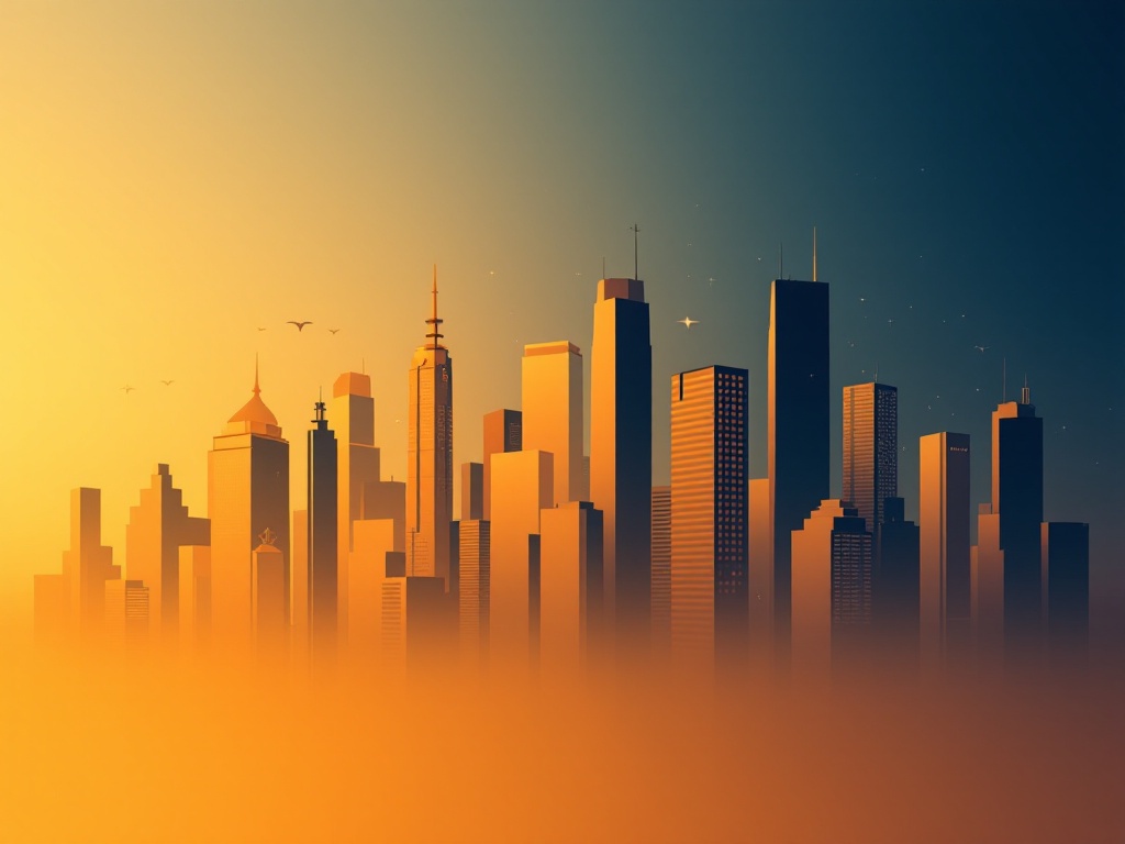 A skyline of modern skyscrapers under a sunset haze.