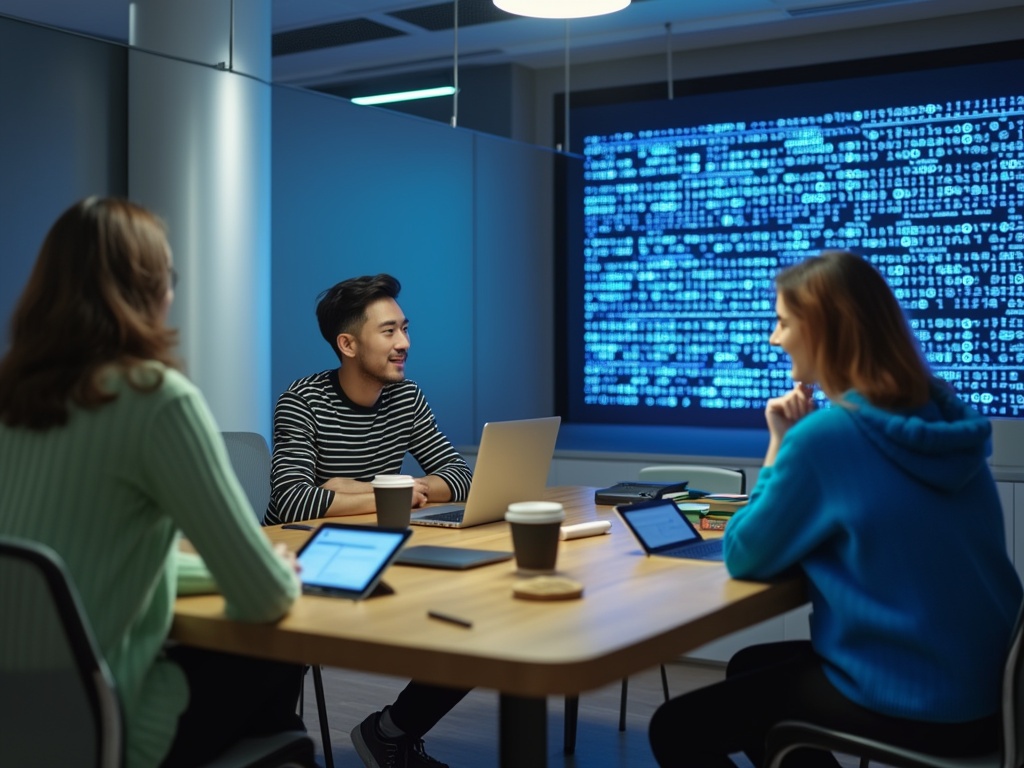 Three individuals engaged in a tech discussion with laptops and coffee.