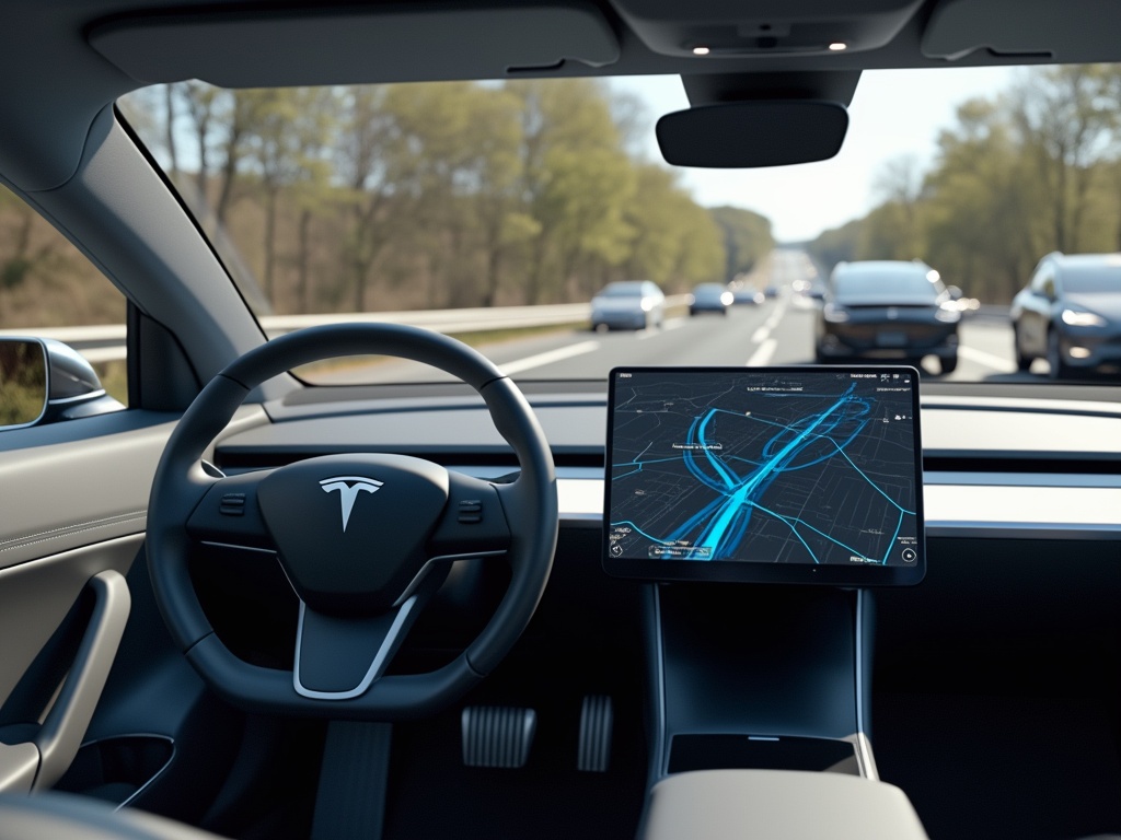 Interior view of a Tesla showing a modern dashboard and touchscreen