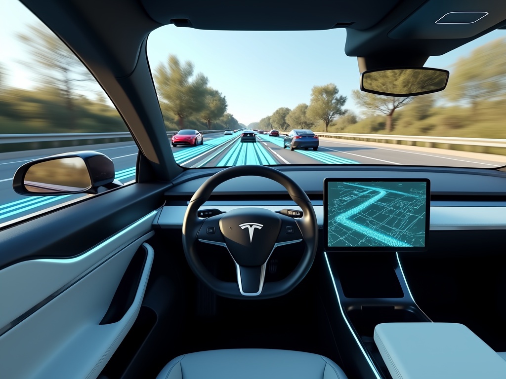 View of Tesla dashboard with touchscreen navigation on highway.