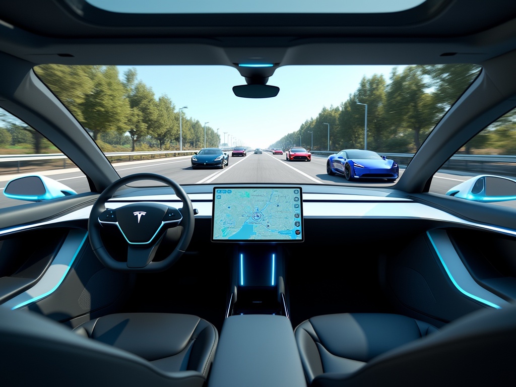 Inside view of a Tesla showcasing a modern dashboard and navigation.