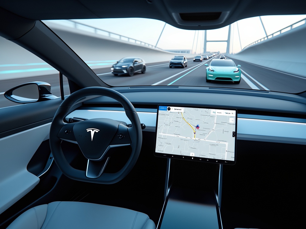 View from inside a Tesla showing a modern dashboard with navigation.