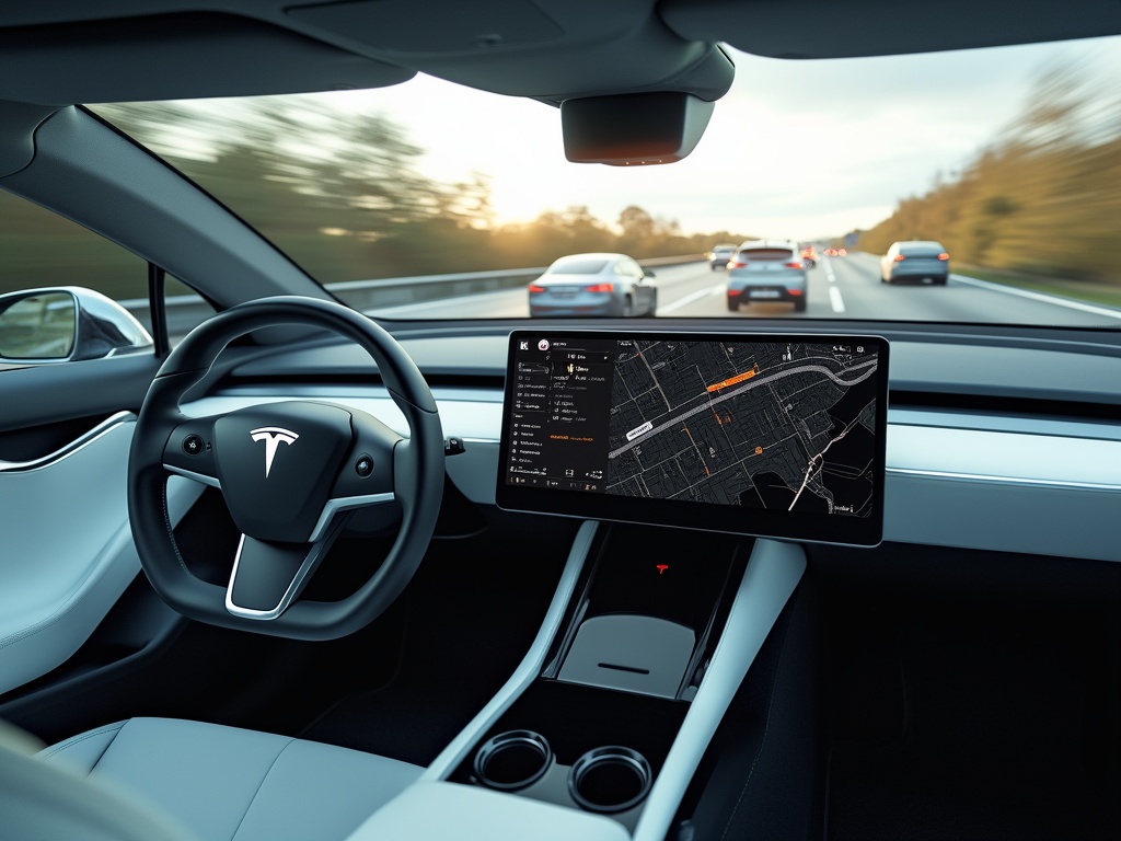 View of a Tesla dashboard featuring a touchscreen display.