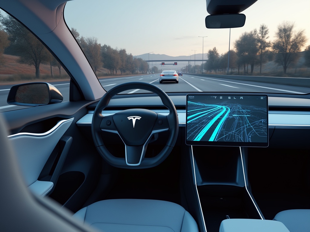 Inside view of a Tesla car featuring a large touchscreen dashboard.