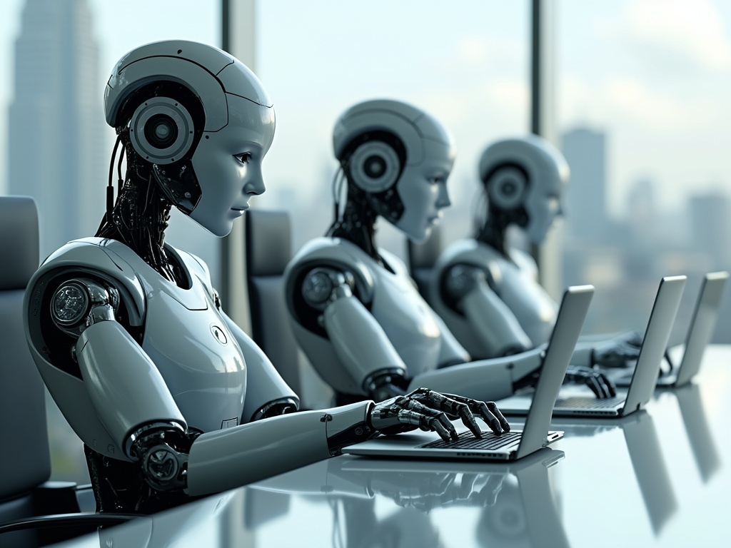 Three humanoid robots with headphones working at a table.