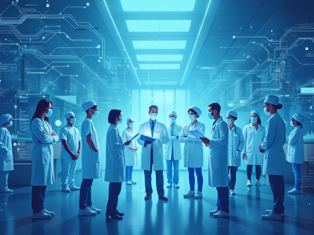 A group of healthcare professionals in lab coats discussing with technology.