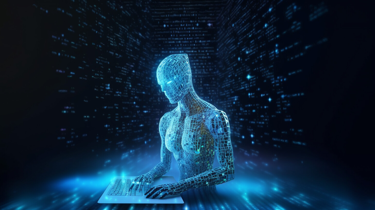 A translucent humanoid figure with digital elements at a laptop.