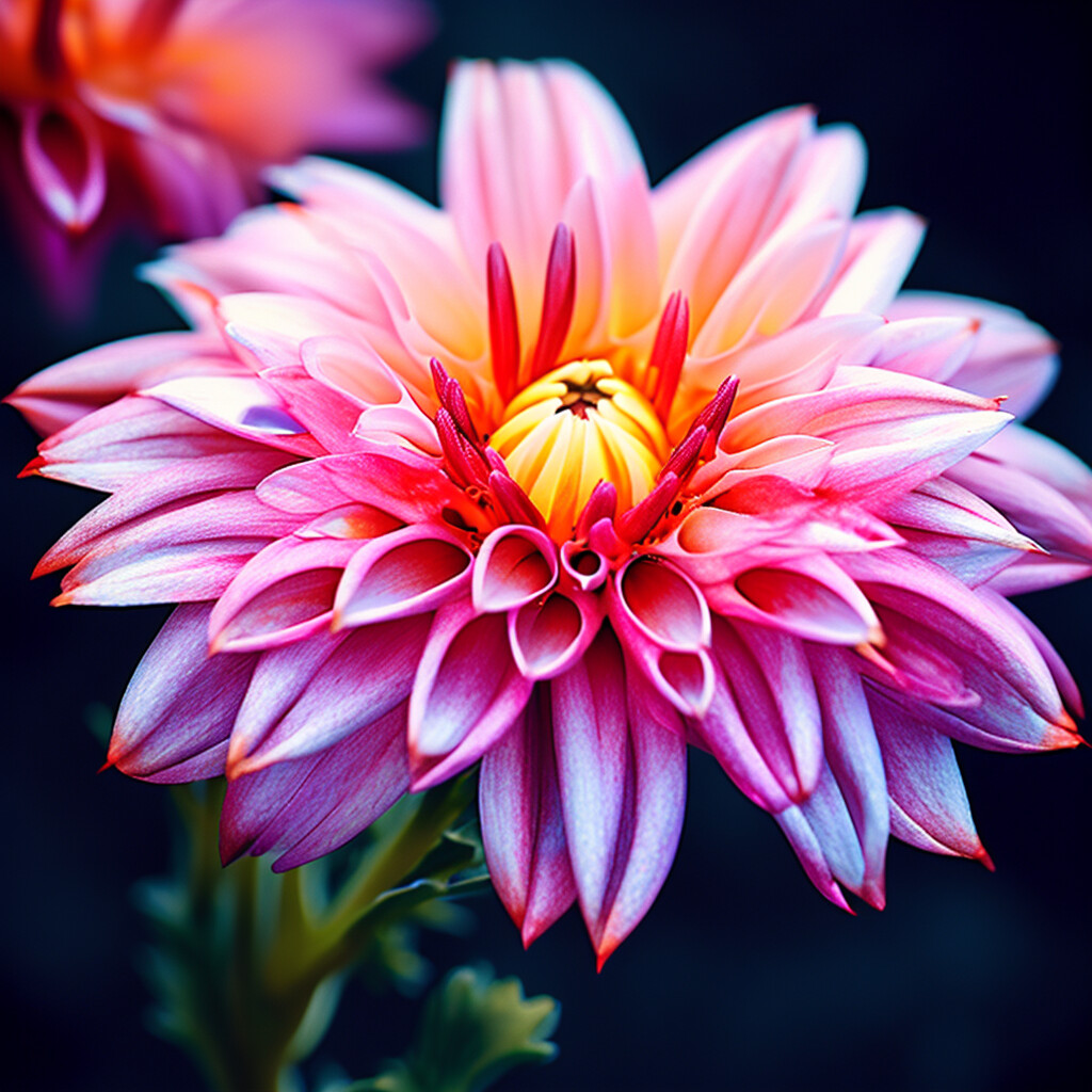 A vibrant dahlia flower with pink and yellow petals against a dark background