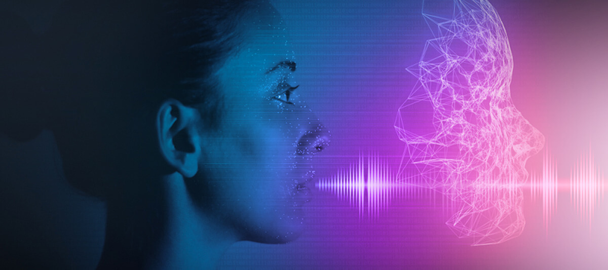 Digital representation of a face with sound waves on a colorful background.