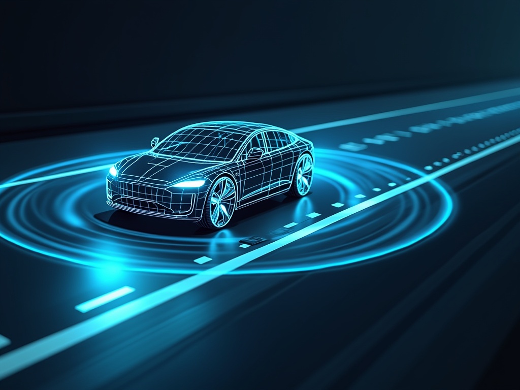 A wireframe model of a car driving on a dark road with radar signals.