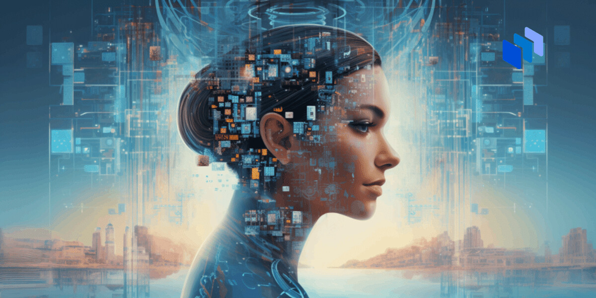 A woman in profile surrounded by digital circuitry and data.