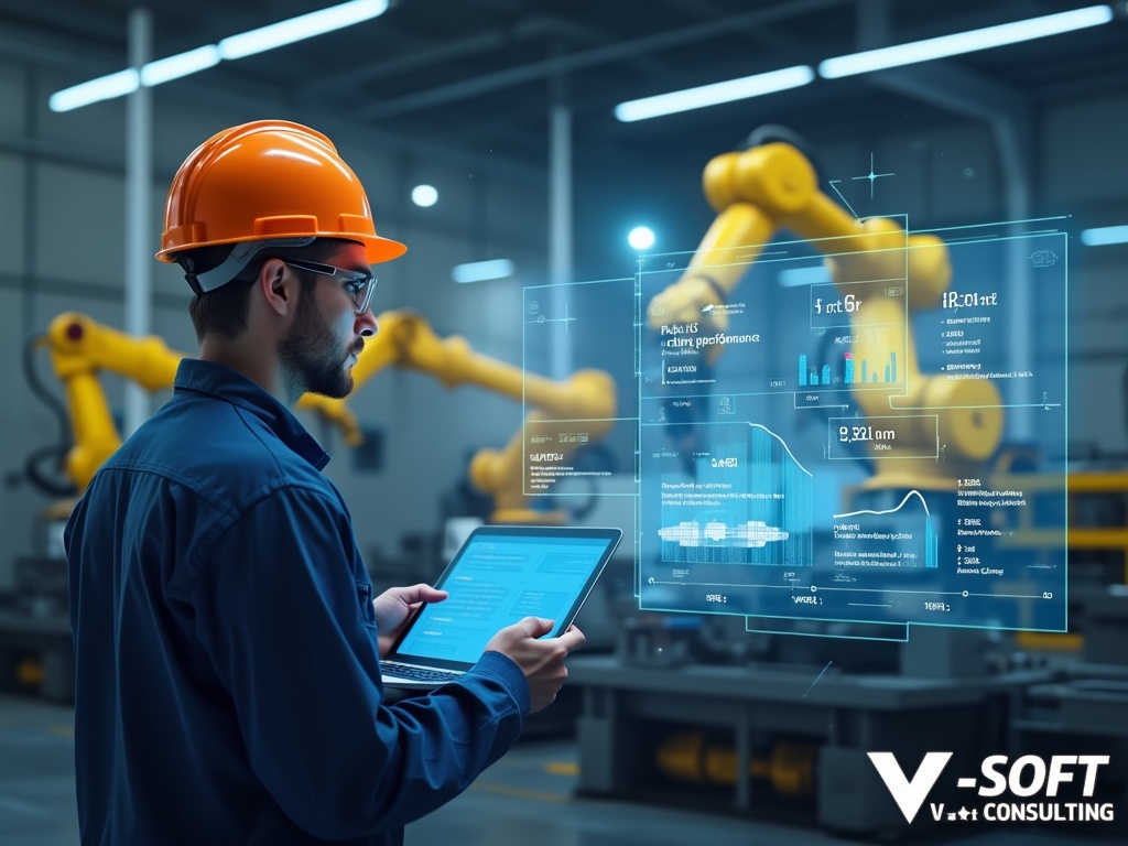 A worker in a hard hat interacting with laptop analytics in a factory.