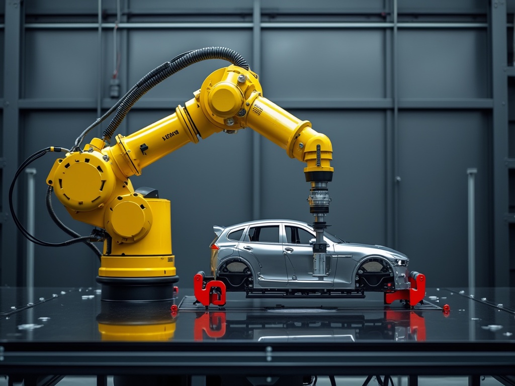 A yellow industrial robot equipped with sensors inspecting a car chassis.